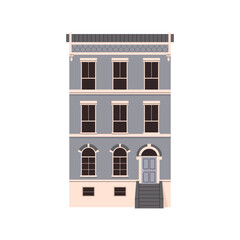 Obraz na płótnie Canvas House facade. Traditional English townhouse with windows, door, porch, front view. British architecture, building exterior in old London. Flat vector illustration isolated on white background
