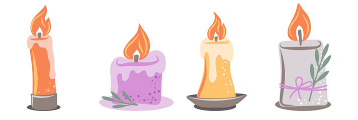 Hand drawn burning candles from paraffin wax for relax and spa. Decorative design elements. Vector illustration