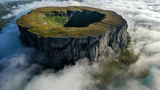 Discover Segla Mountain soaring above clouds in Norway's breathtaking landscape, Aerial view of Segla mountain above the sky, Norway during summer