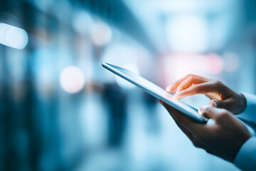 Person Using Tablet Device in Modern Office with Blurred Background, urban office backdrop, motion blur Business concept, motion bokeh background