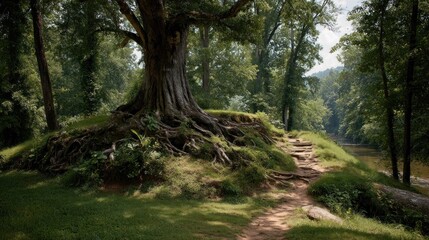 Obraz premium Ancient Tree by the River: A Serene Forest Path