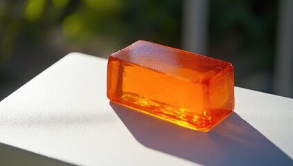 Bright orange translucent rectangular bar on white surface