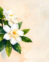 Fototapeta premium Elegant white gardenia flower set against a soft beige background in watercolor style