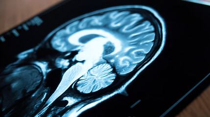 Close-up of neurological MRI scan showing white matter lesions, representing multiple sclerosis diagnosis and brain disease research, medical concept with copy space.