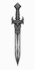 Elaborate grayscale sword art features intricate design, stylized form, and fantasy weapon theme.