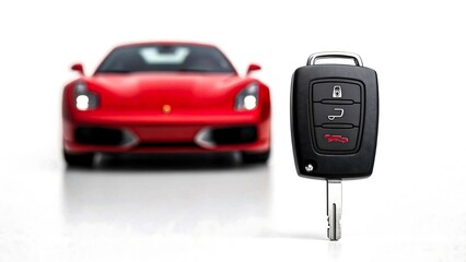 Luxury red sports car with key fob in foreground, automotive ownership and high-end vehicle concept
