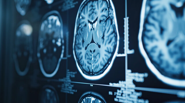 Close-up of neurological MRI scan showing white matter lesions, representing multiple sclerosis diagnosis and brain disease research, medical concept with copy space.
