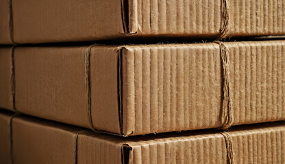 Extreme close-up of 3-5 stacked beige cardboard boxes, focusing on the rough corrugated texture and frayed edges, neutral linen background, shallow depth of field, photorealistic detail