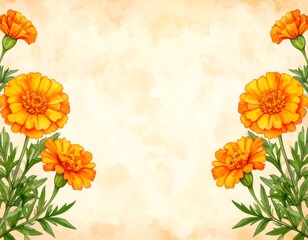 Cozy watercolor sketch of marigold flower border in warm autumn tones and textures