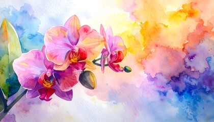 Cozy watercolor sketch of pink orchid flower on colorful background with bold primary colors