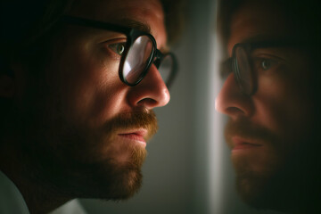 Man Looking at His Reflection in a Mirror with a Serious Expression, urban office backdrop, motion blur Business concept, motion bokeh background