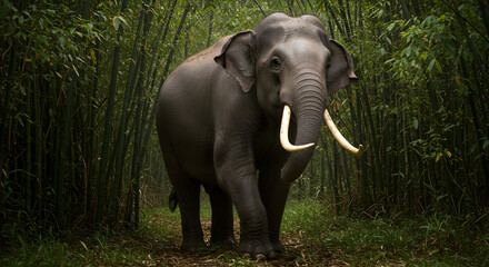 Obraz premium Magnificent Asian Elephant Walking Through Lush Bamboo Forest with Tusks Displayed