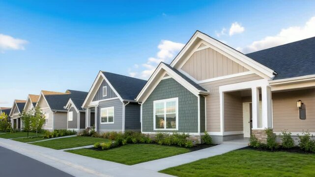 Suburban residential neighborhood featuring modern single story houses with well maintained lawn and garden, inviting walkways, peaceful exterior, and beautiful home architecture under clear blue sky