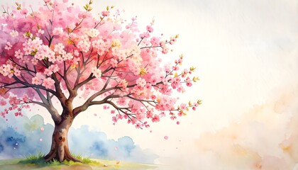 Fototapeta premium Charming watercolor representation of a blooming cherry blossom tree with pink flowers