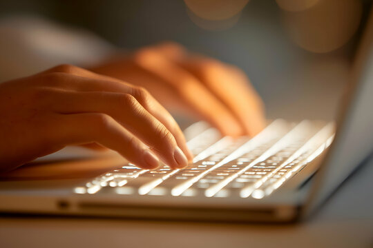 Person Typing on Laptop with Illuminated Keyboard for Digital Work, urban office backdrop, motion blur Business concept, motion bokeh background