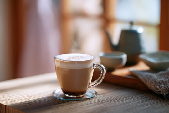 Hot hojicha latte in glass cup with creamy foam served on wooden caf&eacute; table in warm natural light, Selective Focus..