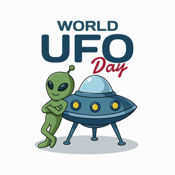 World UFO Day banner or poster with an alien