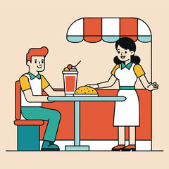 Retro Diner Scene with Waitress Serving a Customer Featuring a Burger and a Drink in a Stylized Cartoon Illustration