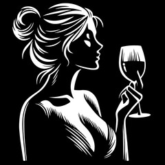 A femme fatale, depicted in a classic pose with a glass of wine. Sophisticated Lady with Wine. Black and white vector illustration