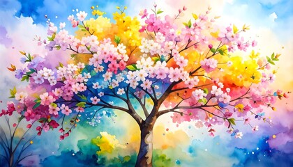 Whimsical watercolor study of a blooming cherry blossom tree with colorful flower petals