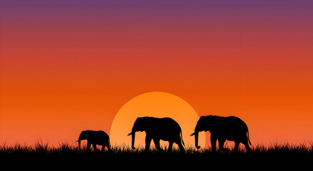 Fototapeta premium Silhouette of elephants walking in the sunset, an African safari scene illustration