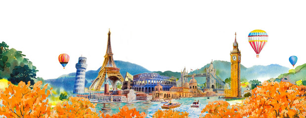 Watercolor painting of world famous tourist attractions, mountains, forests, trees, colorful flowers in natural environment, autumn season.