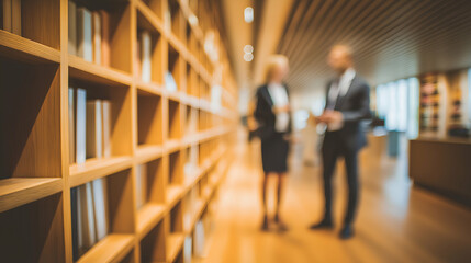 Business Colleagues Discussing Ideas Near Bookshelf in Modern Corporate Environment, urban office backdrop, motion blur Business concept, motion bokeh background