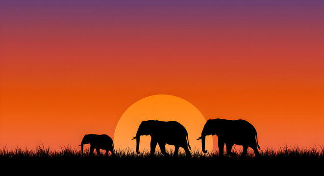 Fototapeta Silhouette of elephants walking in the sunset, an African safari scene illustration