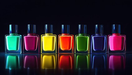 Colorful nail polish bottles in a row, reflecting on a dark surface (1)