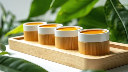 Four small, cylindrical, bamboo and white containers, filled with a vibrant orange-yellow liquid, sit on a light wooden tray. Lush green leaves are in the background