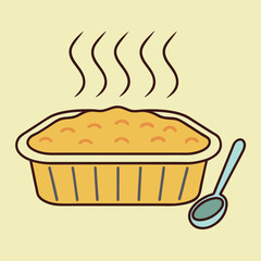 Cartoon Illustration of a Hot Baked Dish with Steam and a Spoon Perfect for Thanksgiving or Holiday Meal Themed Projects and Designs
