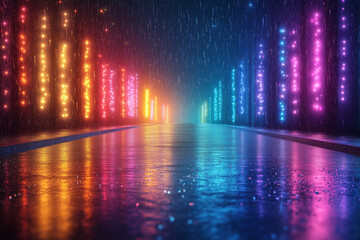 The city streets at night are lit up with neon lights. The rain makes the roads wet and reflects colorful light.