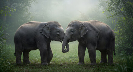 Two elephants in the forest with their trunks touching in a loving moment