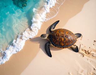Generated imageuna tortuga marina andando sobre la arena hacia la orilla de una playa tropical	