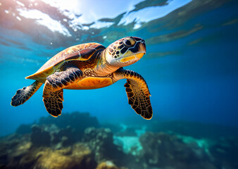 Tortuga marina nadando en libertad bajo la superficie del agua en un mar tropical de color azul con luz solar	
