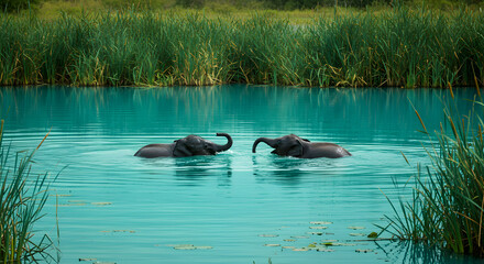 Two Elephants Playfully Interacting in a Teal-Colored Lake Among Reeds