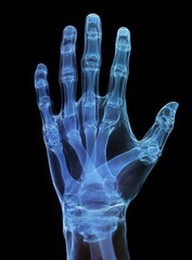 X-ray image of a hand, showing skeletal structure in a translucent blue hue