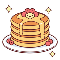 Cute Pancake Stack with Butter Berries and Syrup on a Plate with Sparkles Perfect for Breakfast or Brunch Illustrations