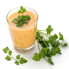 A smoothie glass garnished with parsley, isolated on white background
