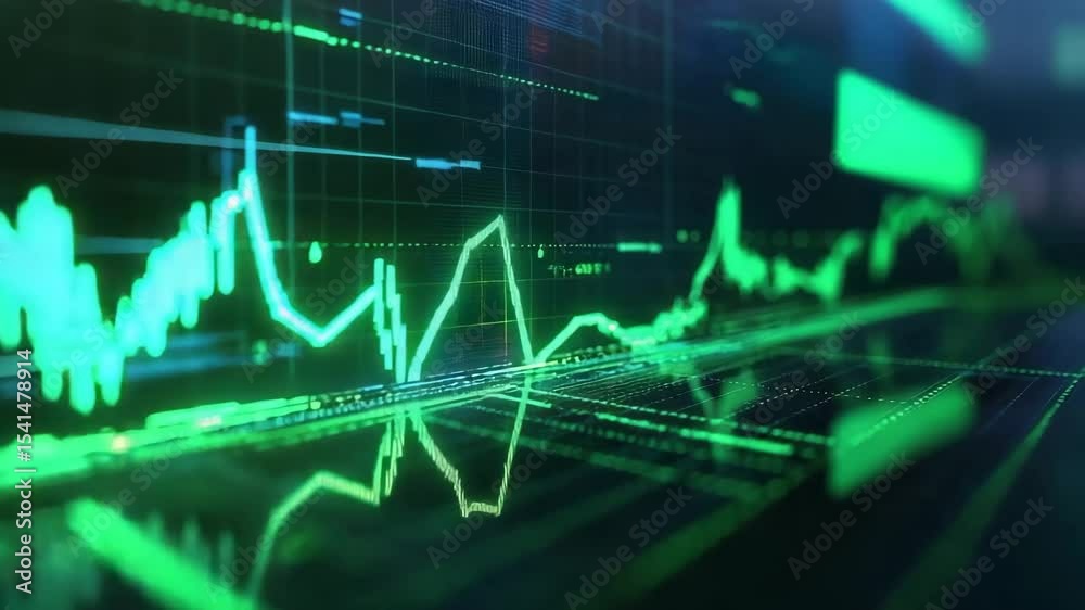 Poster a glowing digital stock market chart displays dynamic green financial graphs and data grids.