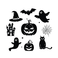 Obraz premium Black Halloween Icons of Pumpkins, Ghosts, Cat, Bat, Haunted House, Witch Hat, and Spiderweb
