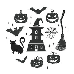 Halloween Circle Silhouettes of Pumpkins, Cat, Haunted House, Bats, Broom and Stars