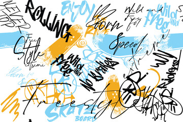 art tees, real skateboarder, graffity sakate slogan, Street art graffiti seamless pattern, skater abstract seamless grunge pattern. Urban style with skateboards and graffiti words.eps8