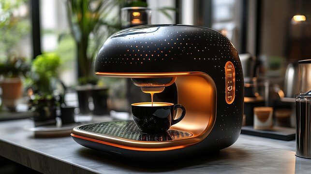 A futuristic coffee machine brewing based on AI WiFi integration 