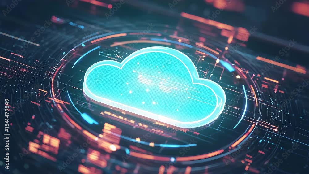 Aufkleber A glowing digital cloud icon surrounded by vibrant technological circuits represents cloud computing and data networks.