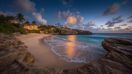 Fireworks over Tropical Beach and Resort at Dusk