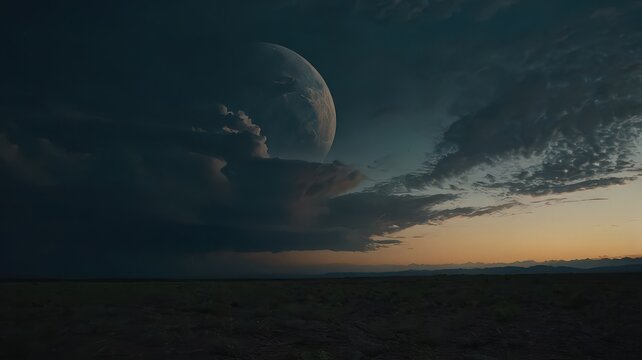 Large moon rising over a dark landscape with dramatic clouds in the twilight sky at dusk hour
