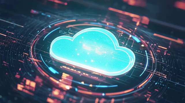 A glowing digital cloud icon surrounded by vibrant technological circuits represents cloud computing and data networks.
