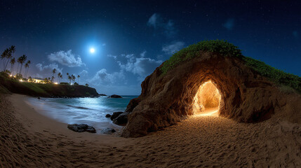 Moonlit Beach Cave Entrance at Night