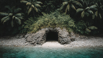 Hidden Tropical Cave Entrance on a Secluded Beach
